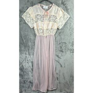 Vintage Undercover Wear Medium Long Pink Nylon Lace Nightgown Sheer Babydoll
